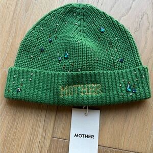 MOTHER Green Knit Beanie with Bead Details